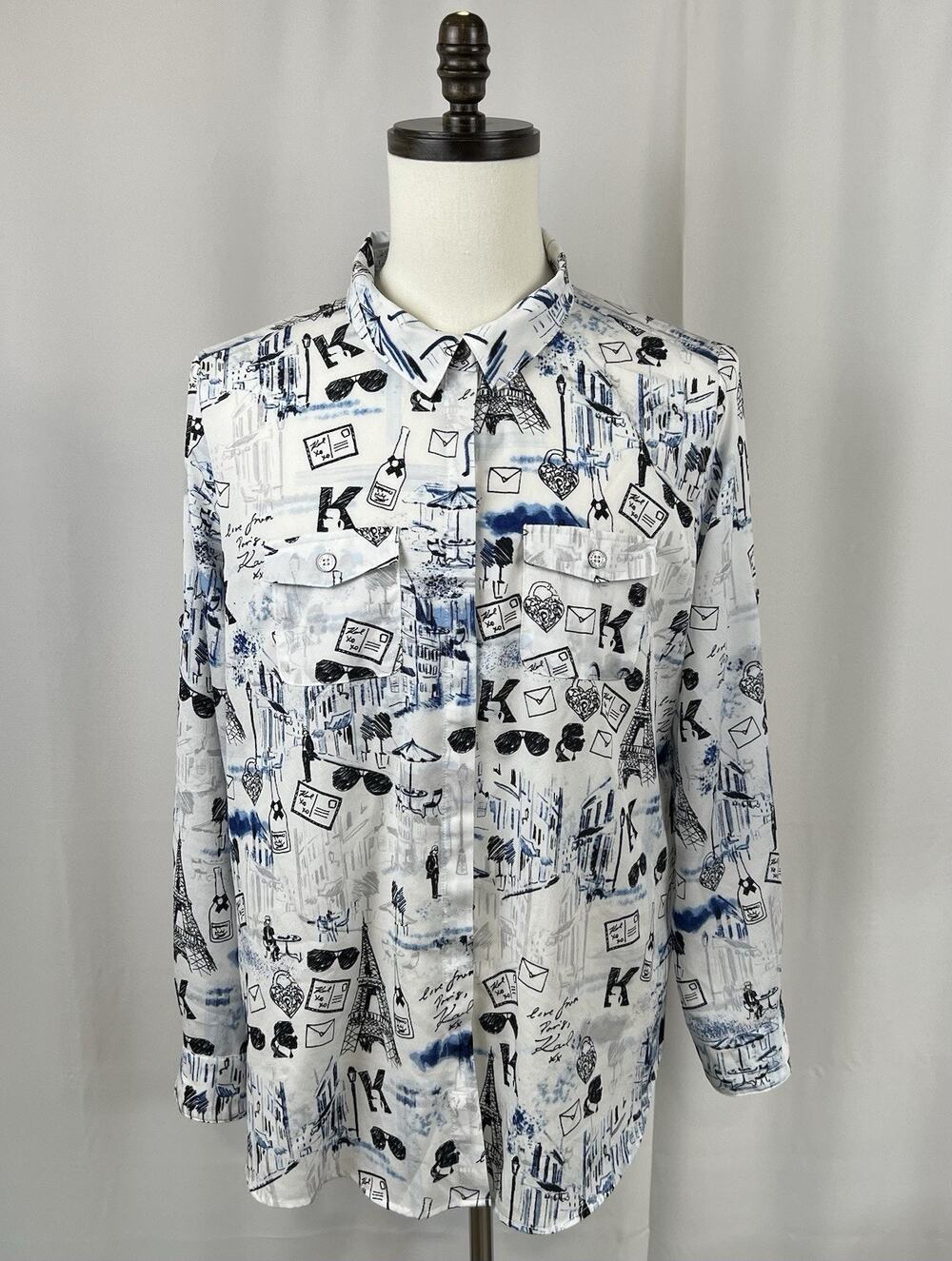Karl Lagerfeld Top Womens Sz XL White Blue Champagne Paris Eifel Tower Button Up
